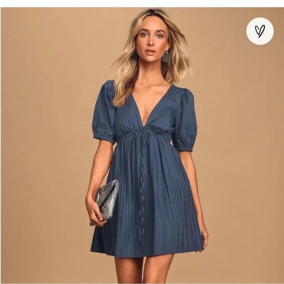 EUC Lulu's Deep Blue Puff Sleeve Dress - Picture 2 of 14